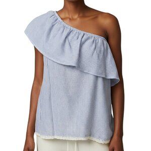 Jolt NWT Blue and White Pinstripe One Shoulder Ruffle Top Women's Size S